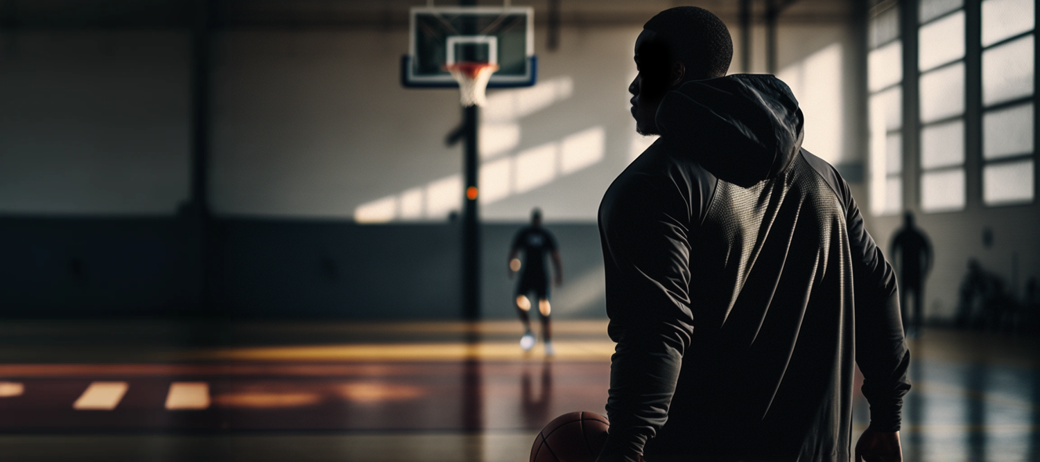 Photo of a man holding a basketball in an indoor court.